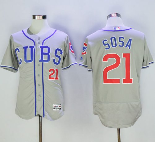 Cubs #21 Sammy Sosa Grey Flexbase Authentic Collection Alternate Road Stitched MLB Jersey - Click Image to Close